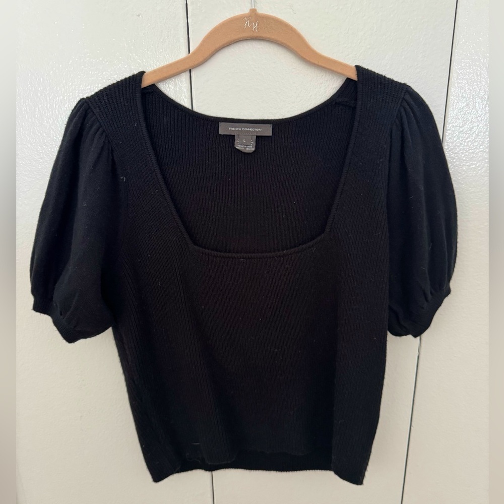 French Connection Black Puff Sleeve Knit Top